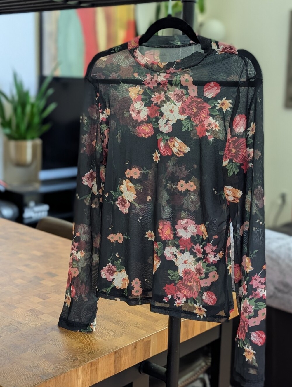 Dark floral mesh see through top